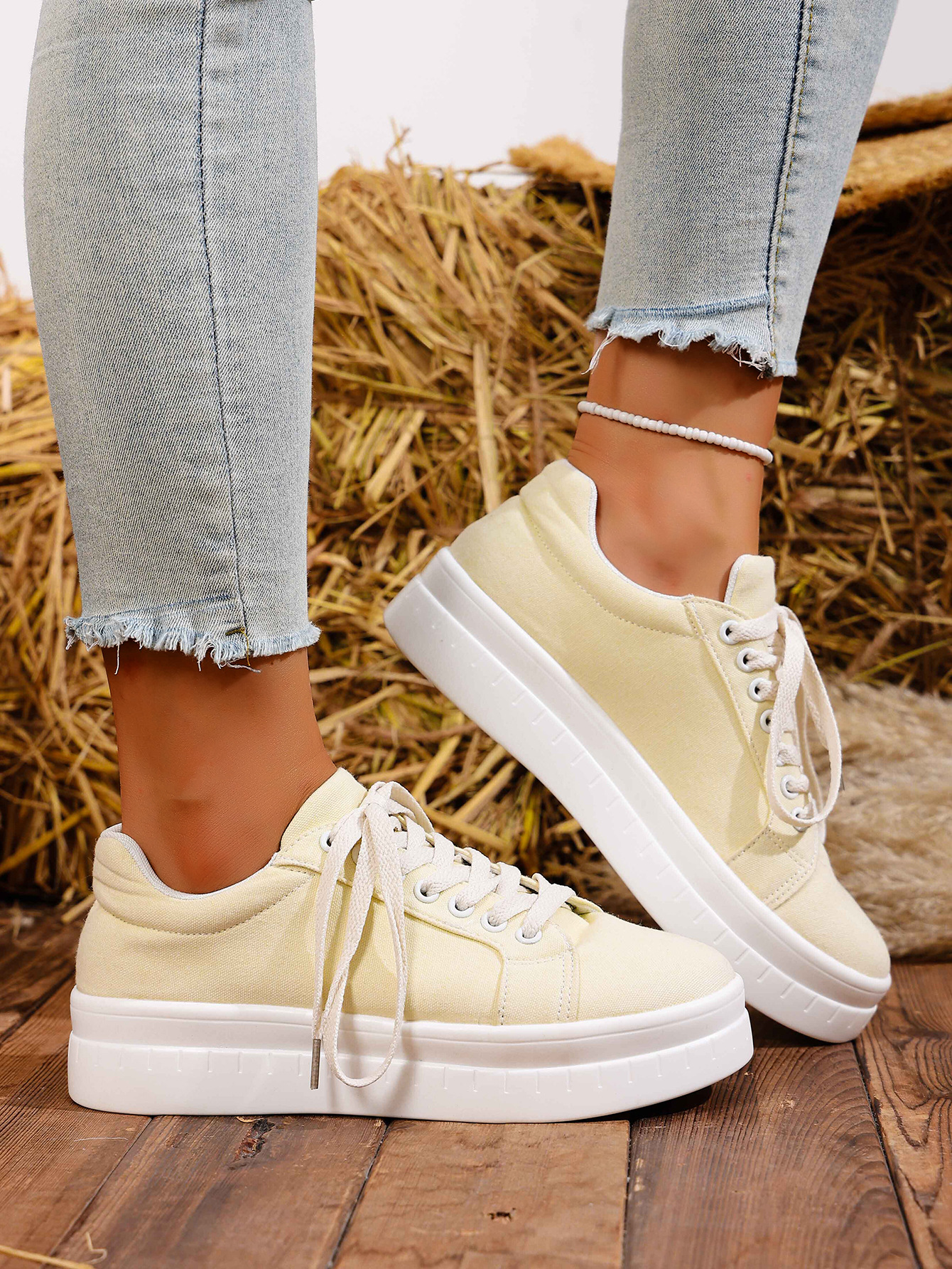 Women's Lace-up Casual Trainers For Women Round Toe Thick Sole_voghion.com