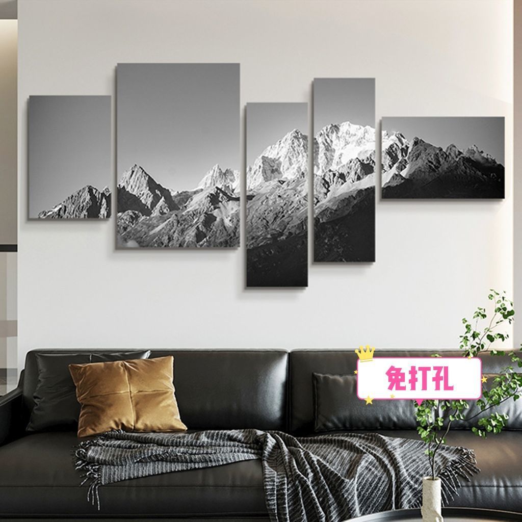 富士山挂画黑白现代简约客厅沙发背景墙面壁画日照金山房间装饰画