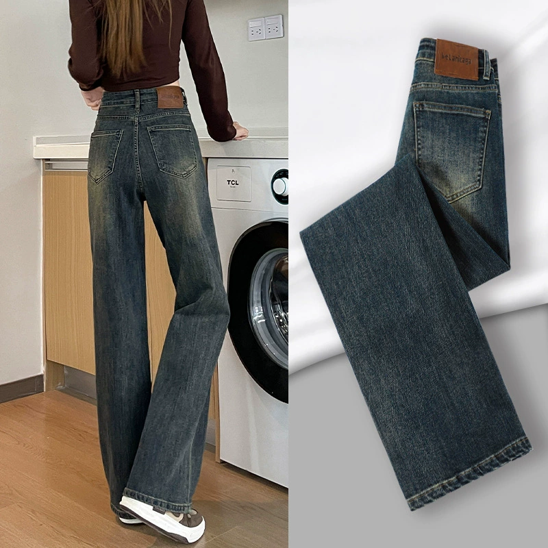 Джинсы с высокой талией женские осенние и зимние новые маленькие ретро узкая версия прямые свободные тонкие папы широкие брюки женские