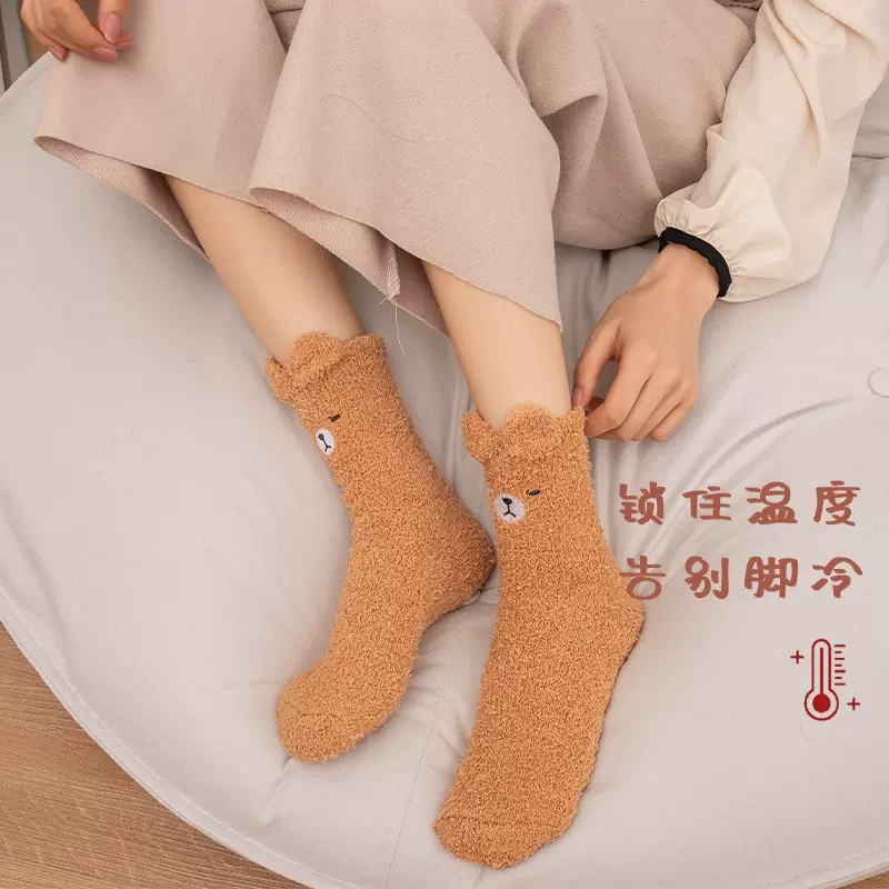 秋冬季立体刺绣不掉毛珊瑚绒袜子睡眠袜可爱中筒袜保暖地板袜扎口