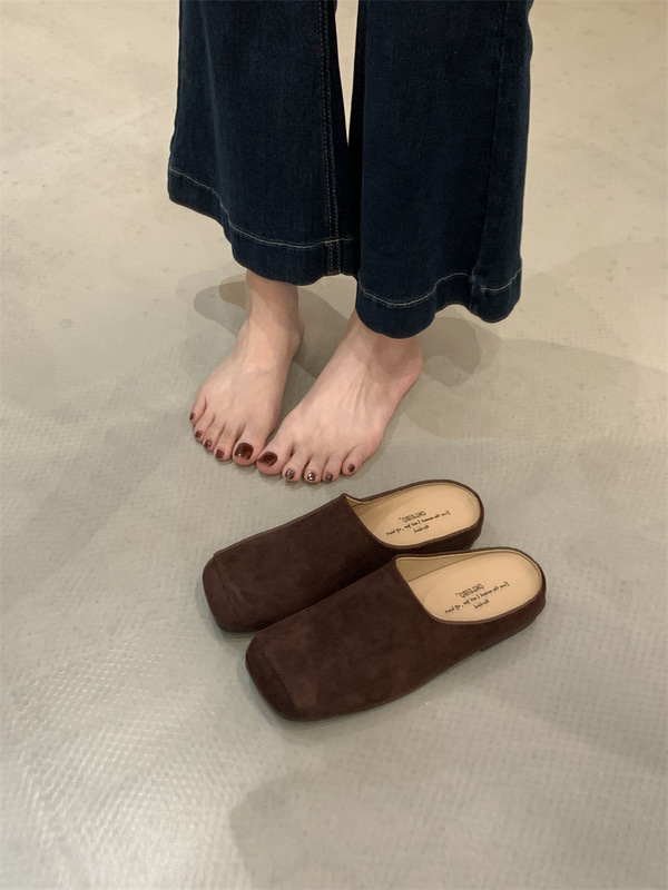 春夏2025新款麂皮穆勒鞋凉拖鞋女尖头绒面低跟单鞋简约包头半拖鞋|undefined
