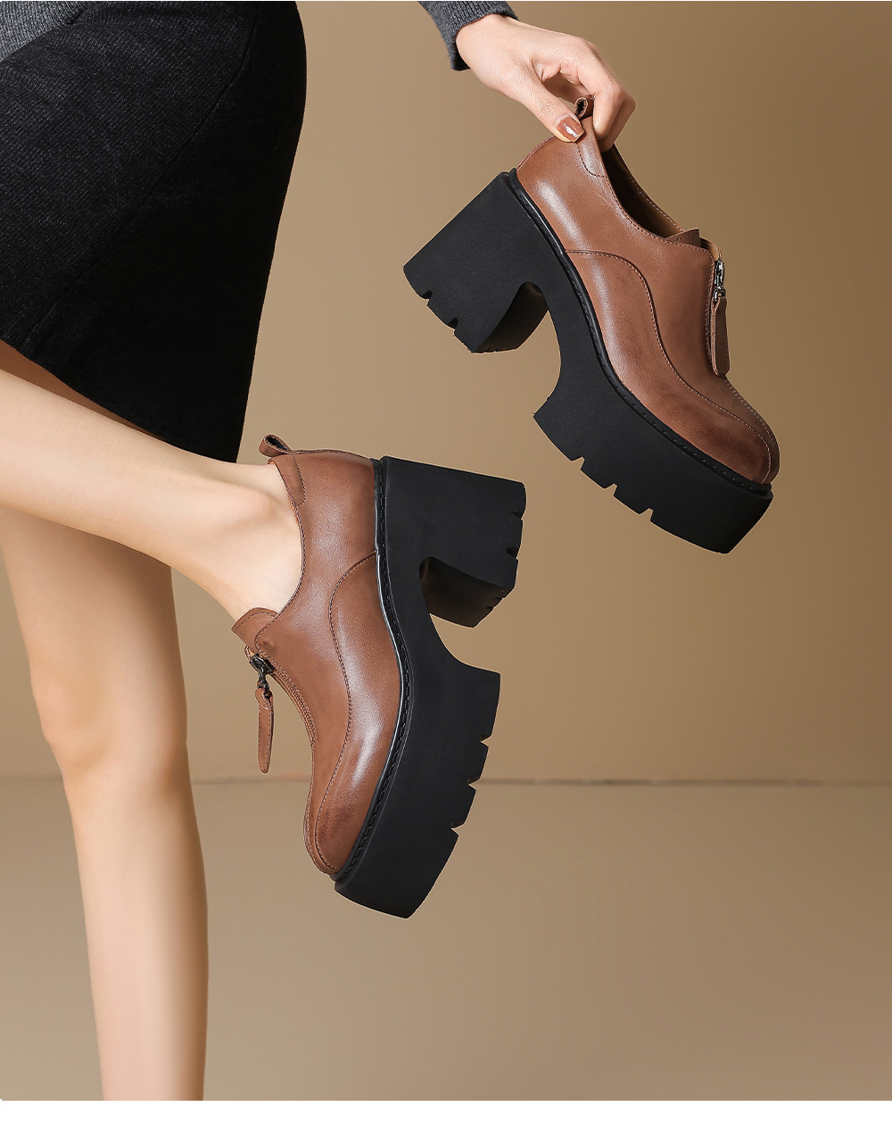 Giày loafer nữ đế xuồng da thật gót vuông phong cách Anh quốc — màu nâu chi tiết 2
