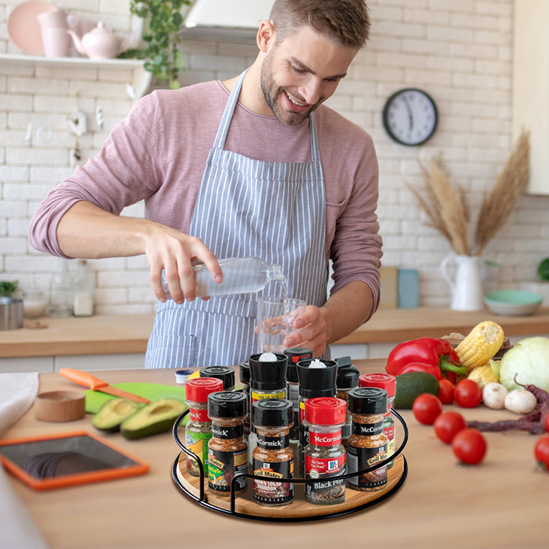 Amazon Explosive Kitchen Wooden Iron Rotating Rack Storage Rack Spice Seasoning Tank Rotating Tray