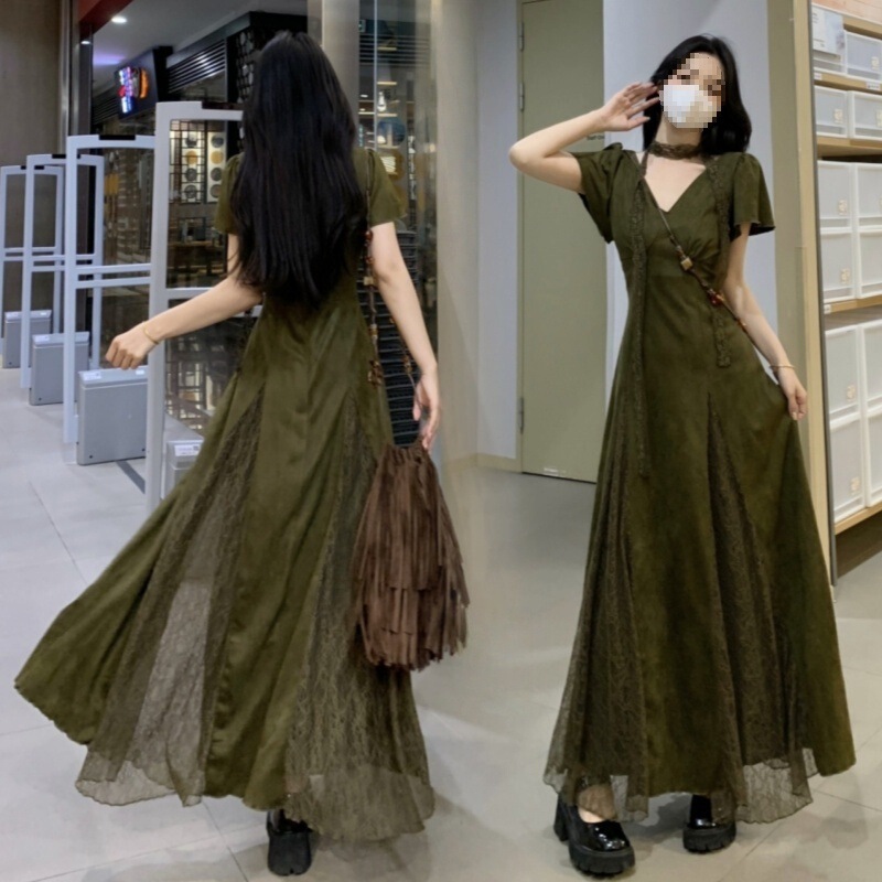 Cross-Border Halter Neck Ribbon V-Neck Dress for Women, Summer Plus-Size Slimming Waistline Elegant Long Dress with Splicing