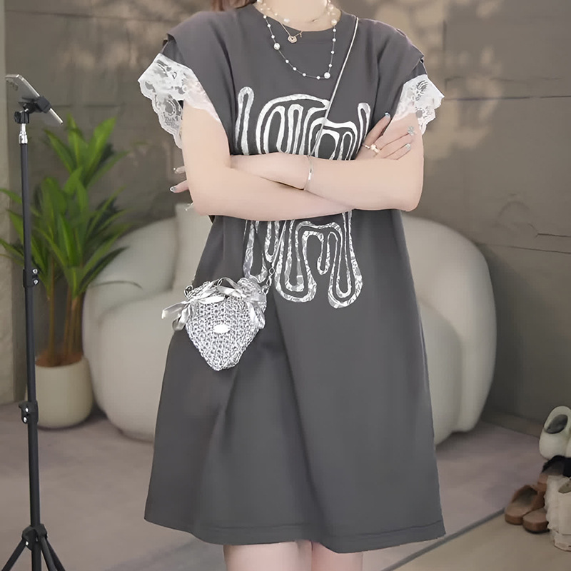 European-made stitching lace letter printed T-shirt dress women's summer mid-length back hollow skirt CX7546