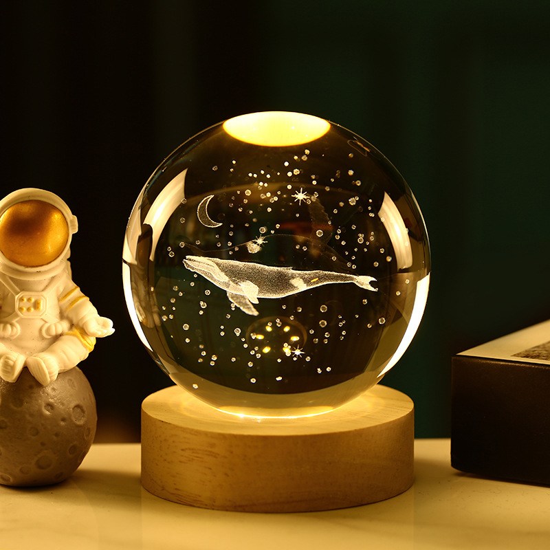 Bola de cristal 3D de la Vía Láctea — grabado interno luminoso con base de madera, luz nocturna decorativa creativa