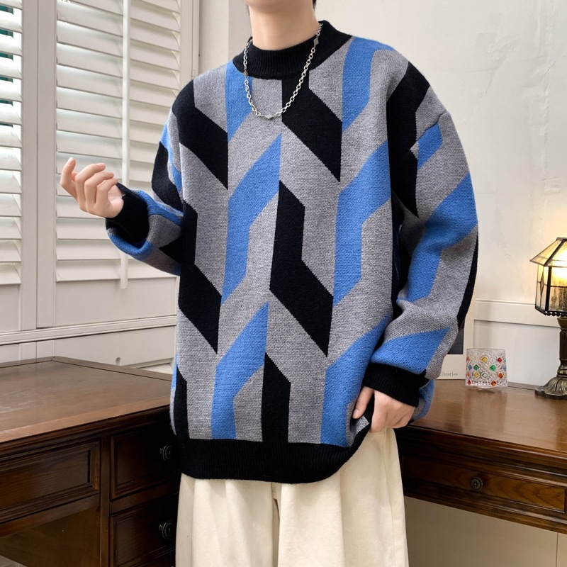 Herrenkleidung Pullover Herren Herbst/Winter Verdickter Halbrollkragenpullover Trend Retro Farbkontrast Lässige Strickwaren Linie Kleidung_voghion.com