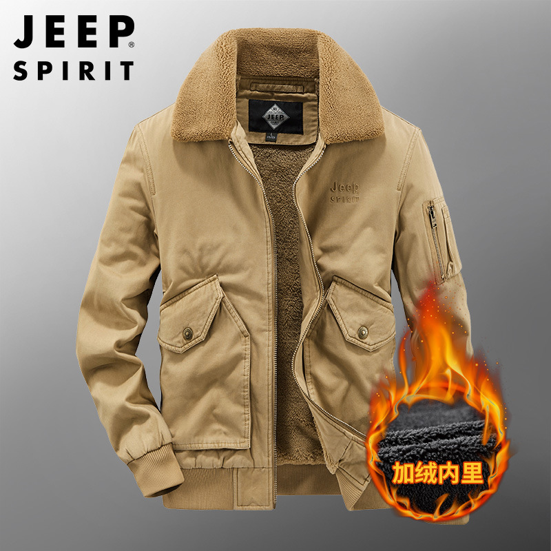 JEEP SPIRIT新款男士纯棉加绒加厚棉服宽松大码时尚休闲棉衣外套