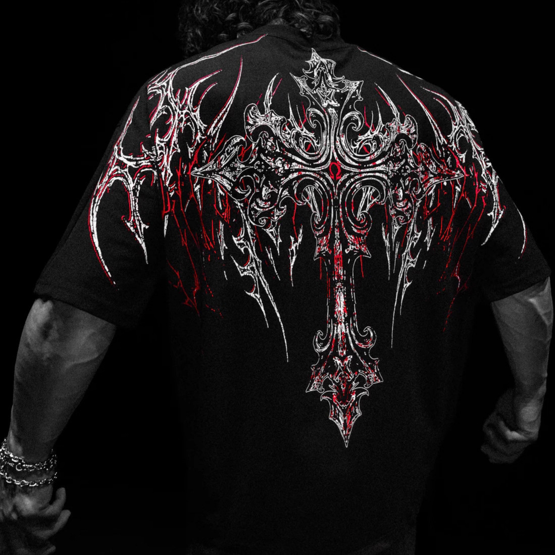 Breathedivinity Men's Oversized T-Shirt Dark Style American Trendy Brand Sports Casual Cotton Printed Short Sleeve 008_viptrois.com