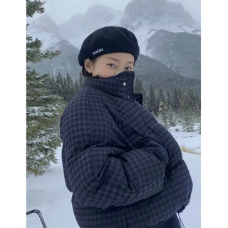 韩国东大门NW 宽松复古格纹羊毛呢白鹅绒复古羽绒服面包服女