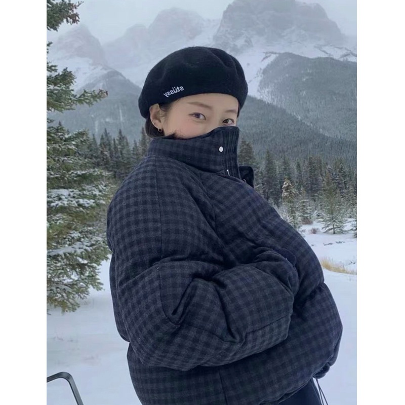 韩国东大门NW 宽松复古格纹羊毛呢白鹅绒复古羽绒服面包服女