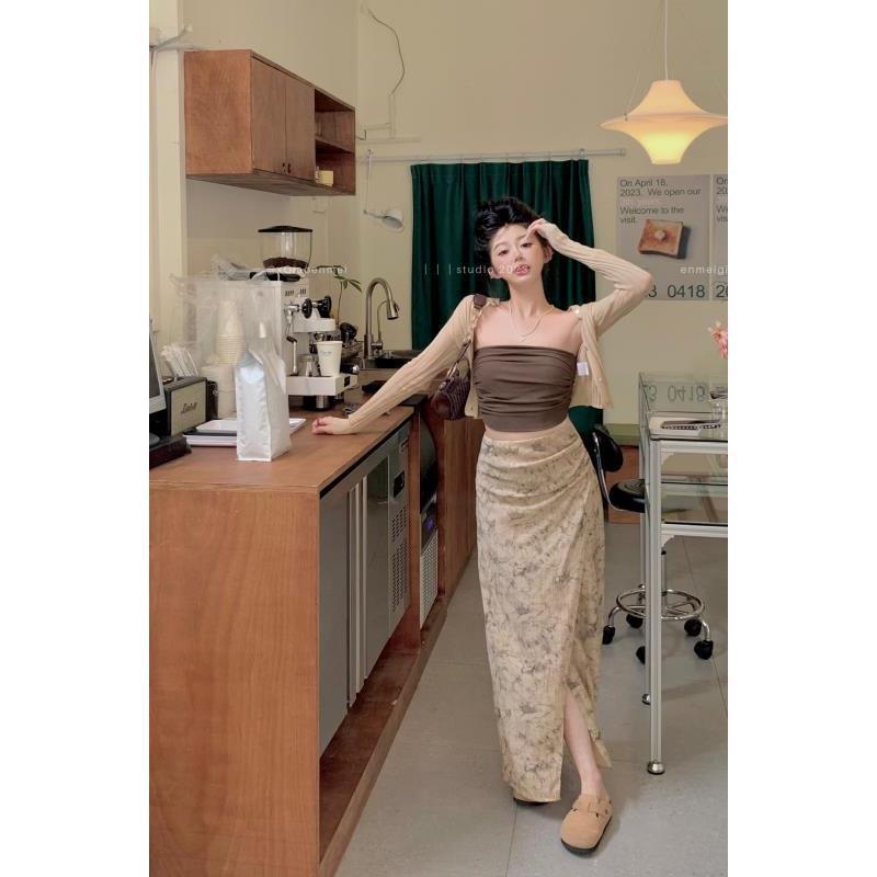 Pure Lust Style Knitted Cardigan Women's Pleated Tube Top Summer Three-Piece Set New Chinoiserie A-Line Half-Length Skirt Suit