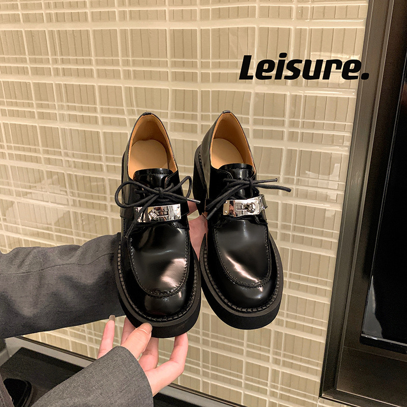 Zijin Home~ Metal Round-Toe Thick-Soled High-Heeled British Style Metal Buckle Single Shoes for Women, Lace-Up Small Leather Shoes, Lace-Up Oxford Shoes