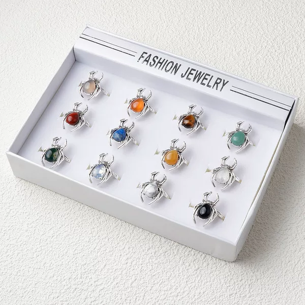 Natural Crystal Agate Stone Inlaid Gemstone Punk Spider Ring Halloween Accessories Cross Border New Product