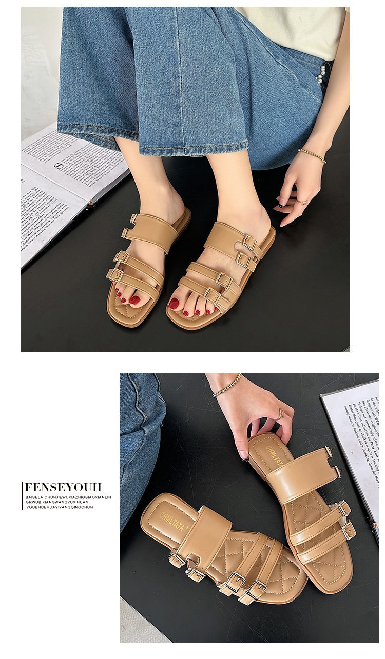 2023 neue bequeme flache Hausschuhe, Sommer-Strandschuhe für Damen im Freien, Doppelschnalle, stilvolle Einriemen-Lazy-Sandalen_voghion.com