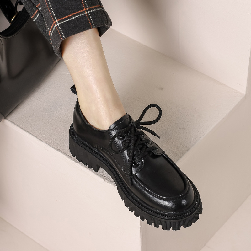 Starlight Square British Style Leather Shoes Women's 2022 New Academic Style Lace-up All-match Thick-soled Single-layer Shoes Leather Loafers