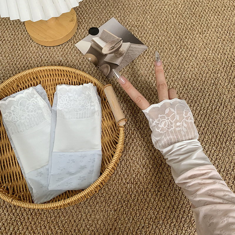 Costuras de encaje, protector solar, mangas de hielo, mangas, mujeres, verano al aire libre, conducción, parasol, mangas sueltas de seda de hielo con sensación de hielo