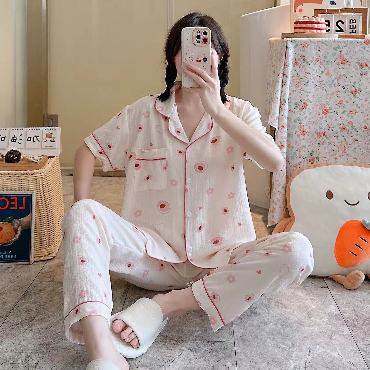 Pajamas de espuma tejidos de verano de algodón pantalones largos de mangas cortas ropa para el hogar de verano delgada de algodón conjunto de dos piezas