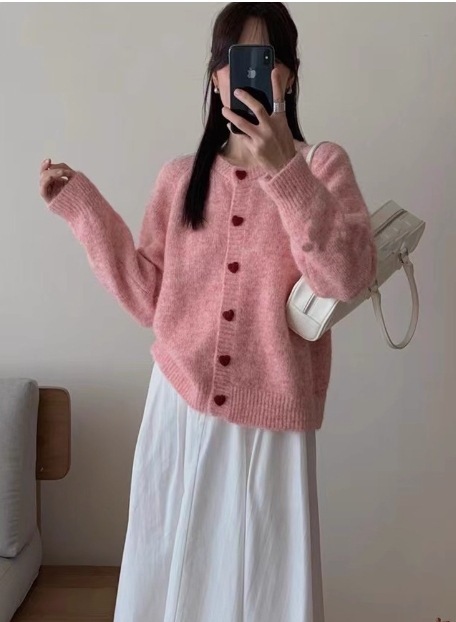 高级感爱心扣子毛衣外套女春季宽松奶fufu黄色针织开衫圆领上衣|undefined