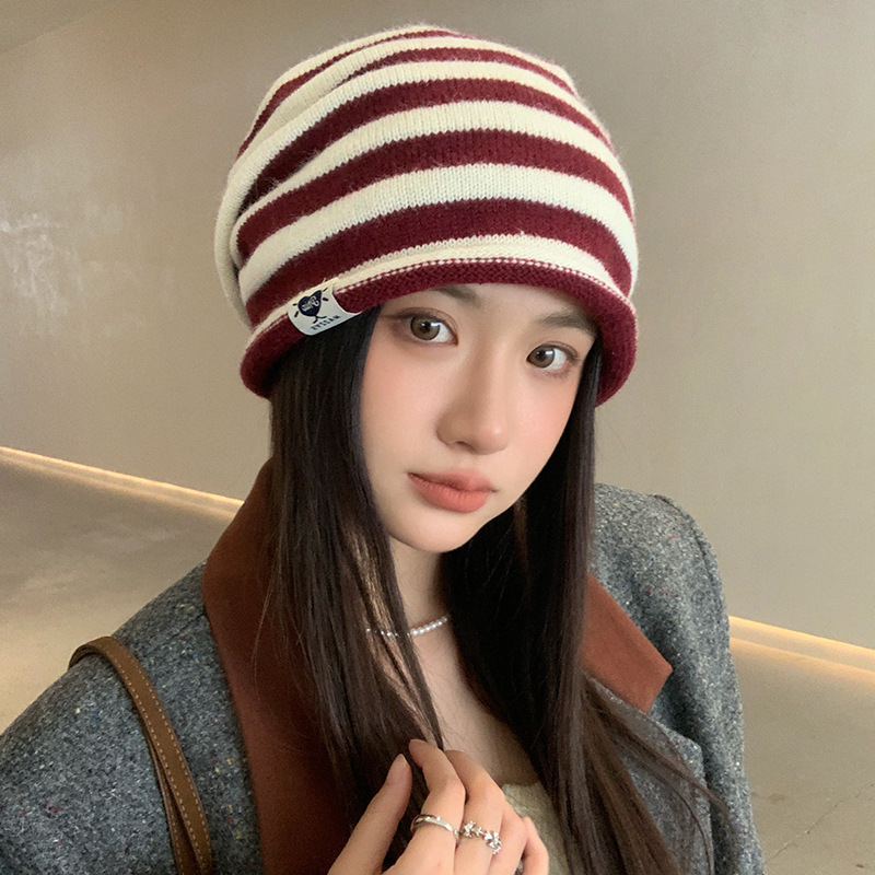 秋冬毛羊针织帽冷帽双色拼卷边高级堆堆帽女欧美护耳包头帽显脸小|undefined