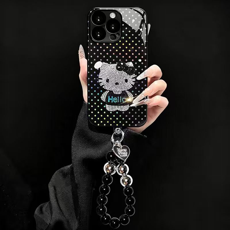 Gold-Stamped Diamond Hello Kitty Case for iPhone 17 Pro Max, Apple Phone Case with Bracelet for 16, 15 Plus, Glass Case for 14