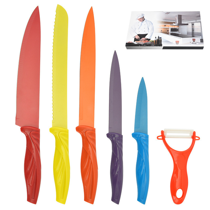 Yangjiang cuchillo / tijeras conjunto completo de cuchillo de mango de anchoa de color al por mayor conjunto de seis piezas de cuchillos de cocina de acero inoxidable color arco iris