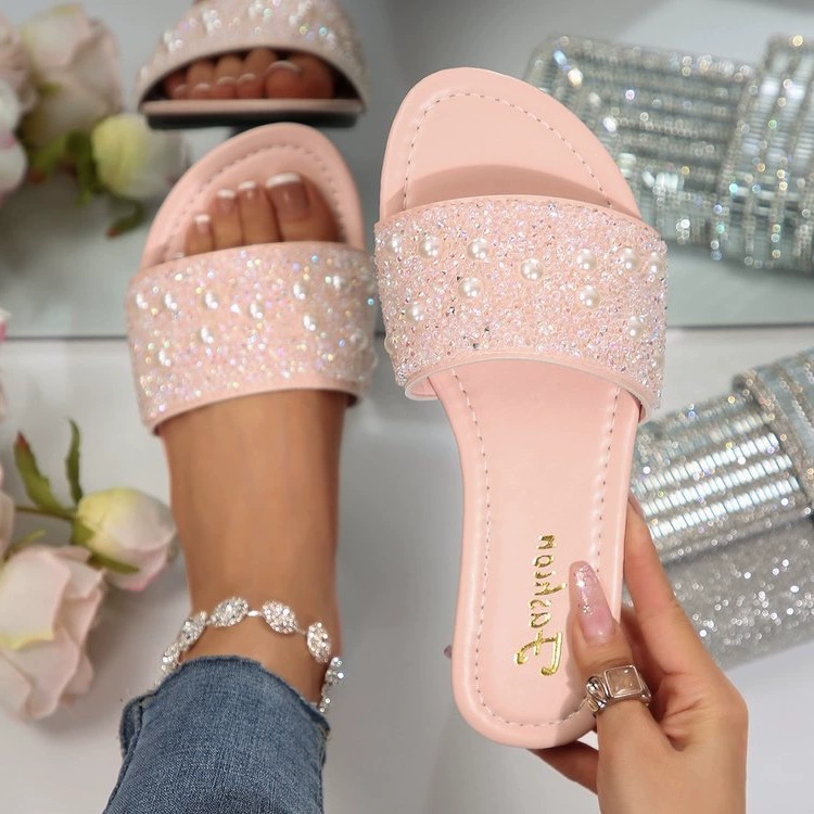 2025 новых универсальных элегантных модных плоских тапочек с жемчужными пайетками, больших размеров, повседневные тапочки