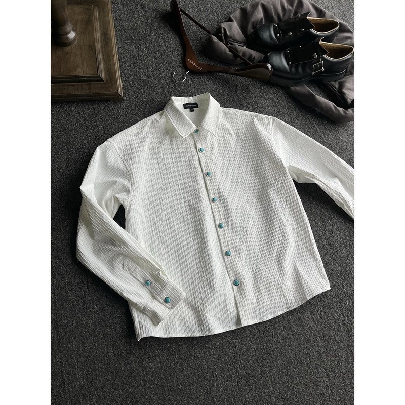 Tears of the Ocean Long-Sleeved Shirt for Men, High-End, Stylish Turquoise Pleated Shirt, White Cleanfit Jacket Tears of the Ocean Long-Sleeved Shirt for Men, High-End, Stylish Turquoise Pleated Shirt, White Cleanfit Jacket