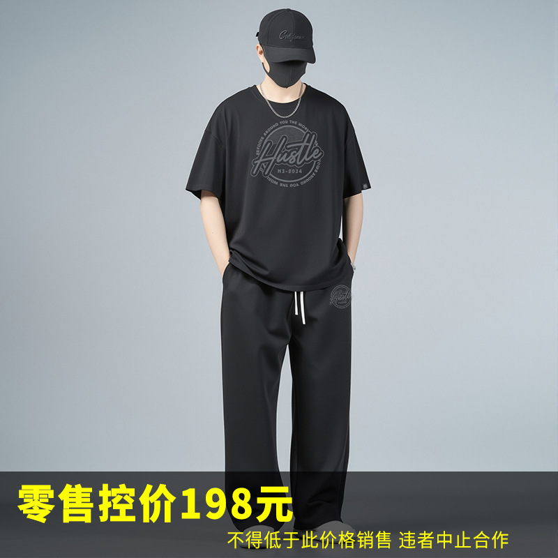 74924-Vinyl Hu Letter G934-Black-701 Short T-Shirt-Black-812 Pants Set Casual Men's Clothing