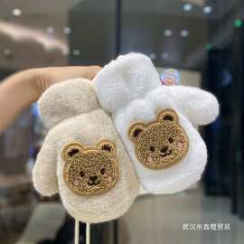 儿童手套冬季加绒加厚保暖男童女童毛绒可爱宝宝冬天防冻挂脖连指