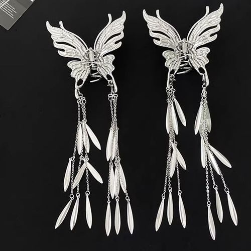 New Chinese Style Butterfly Tassel Hairpin, Ethnic Style Retro Back Hair Bun, Shark Clip Hair Accessories for Women, Exquisite