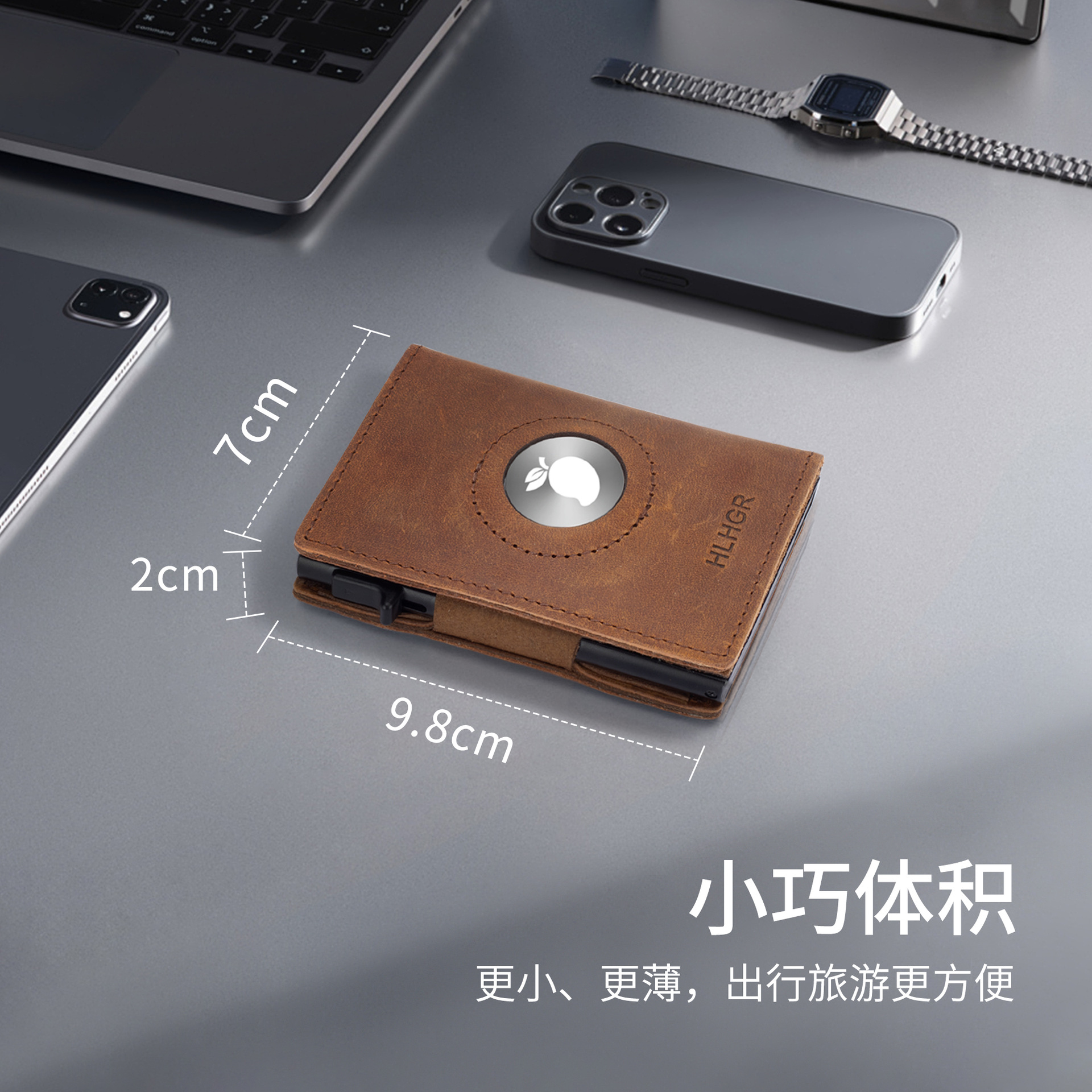 Amazon con airtag posicionamiento flip cartera RFID cubierta de tarjetas de cuero real tres plegables cartera de hombre de piel de caballo loco