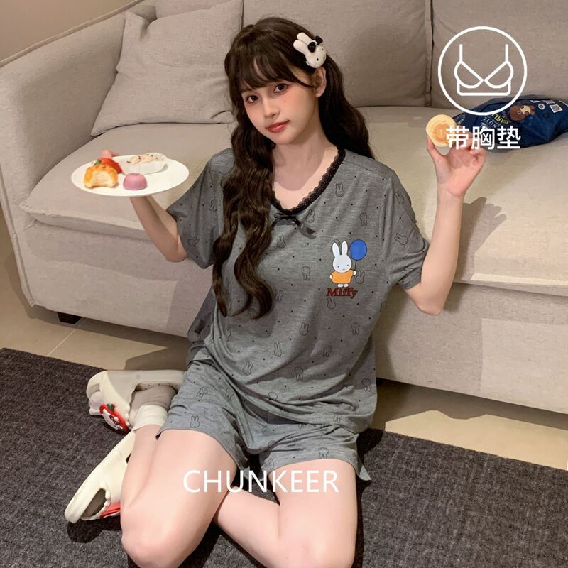 Sweet Girl's New Summer Style Modal Short-Sleeved Shorts with Chest Pads, Home Wear Soft Set, Thin Style That Can Be Worn Outside