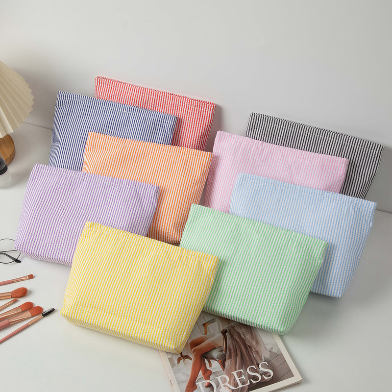 Cross-border Hot-selling seersucker Cosmetic Bag Indian Hand-held Large Capacity Toiletry Bag Embroidered Striped Travel Storage