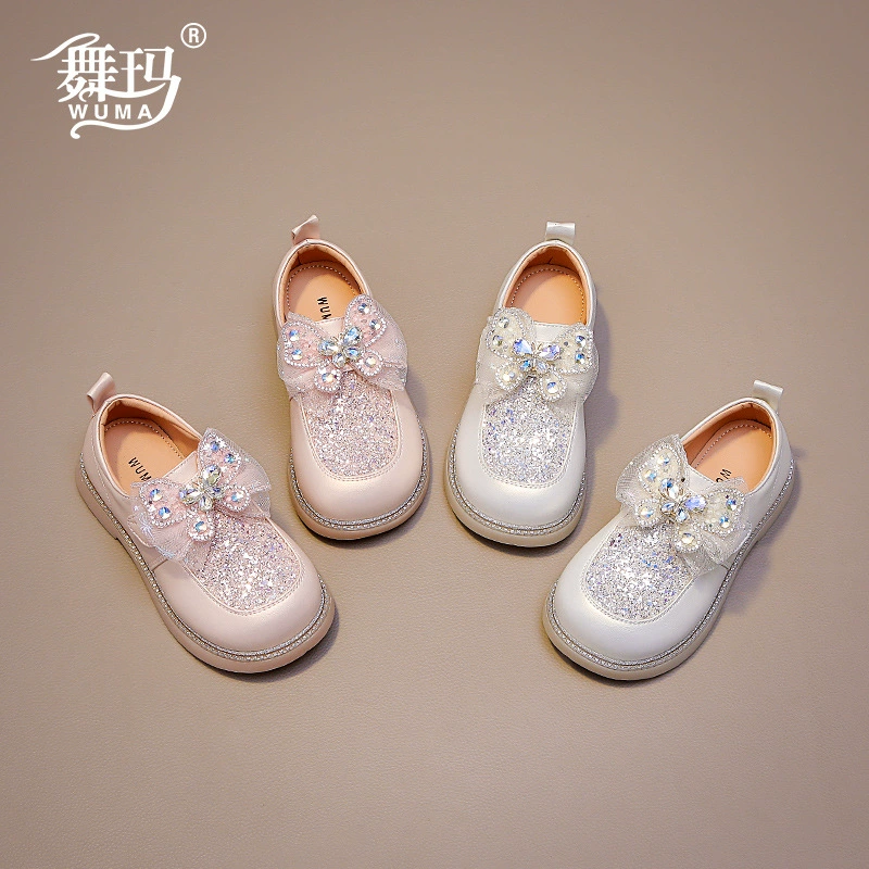 Танцевальная обувь для девочек Детская хрустальная принцесса обувь 2025 новая весна осень маленькая девочка мягкая подошва кожаная обувь с бантом