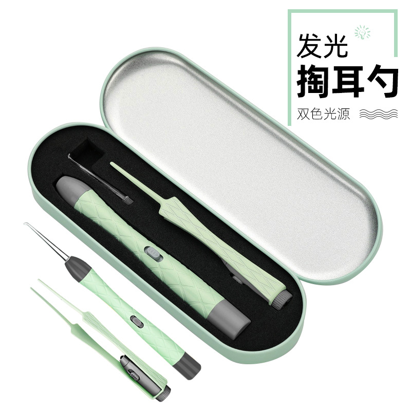 批發充電耳屎鑷帶燈掏耳套裝兒童可視發光耳勺鼻屎夾采耳工具