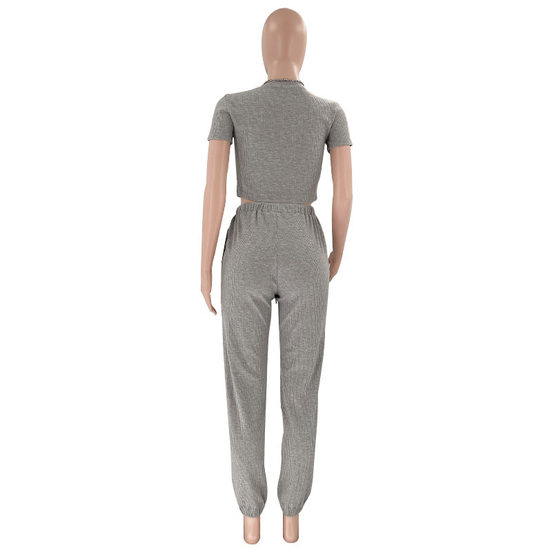 Spring Summer Solid Color Waffle round Neck Short Sleeve Women Clothing Casual Trousers Sets 7 Spring Summer Solid Color Waffle round Neck Short Sleeve Women Clothing Casual Trousers Sets