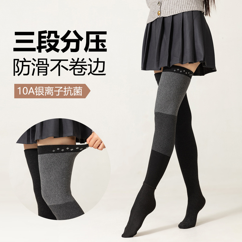 Autumn and winter fleece-lined, extra-long, plus-size, non-slip, segmented compression thigh-high socks with vertical stripes, made of wool, reaching over the knee Autumn and winter fleece-lined, extra-long, plus-size, non-slip, segmented compression thigh-high socks with vertical stripes, made of wool, reaching over the knee