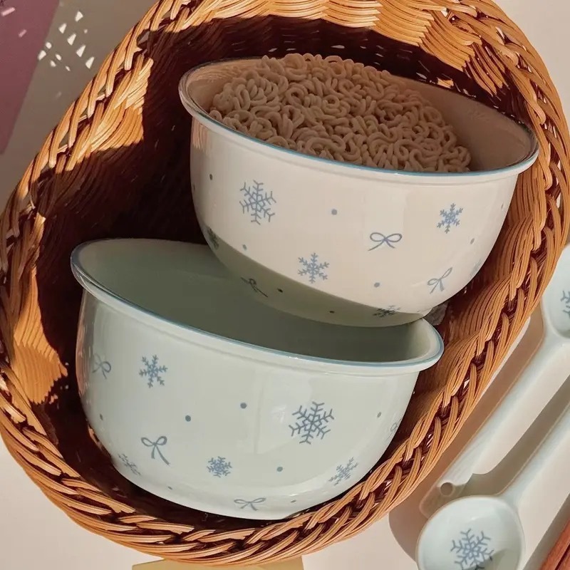 【初雪】新款高温釉下彩陶瓷餐具套装ins风奶蓝色简约家用碗盘|undefined