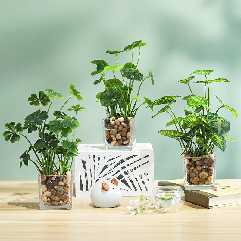 仿真绿植装饰盆栽高级感办公桌面假花植物玻璃盆景仿真花装饰摆件
