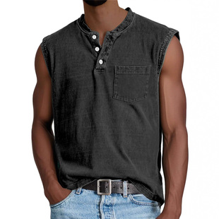 2025 European and American Cross-Border Men's Sleeveless Wide Shoulder Vest Amazon Men's Henley Collar Button Fitness Sports Top