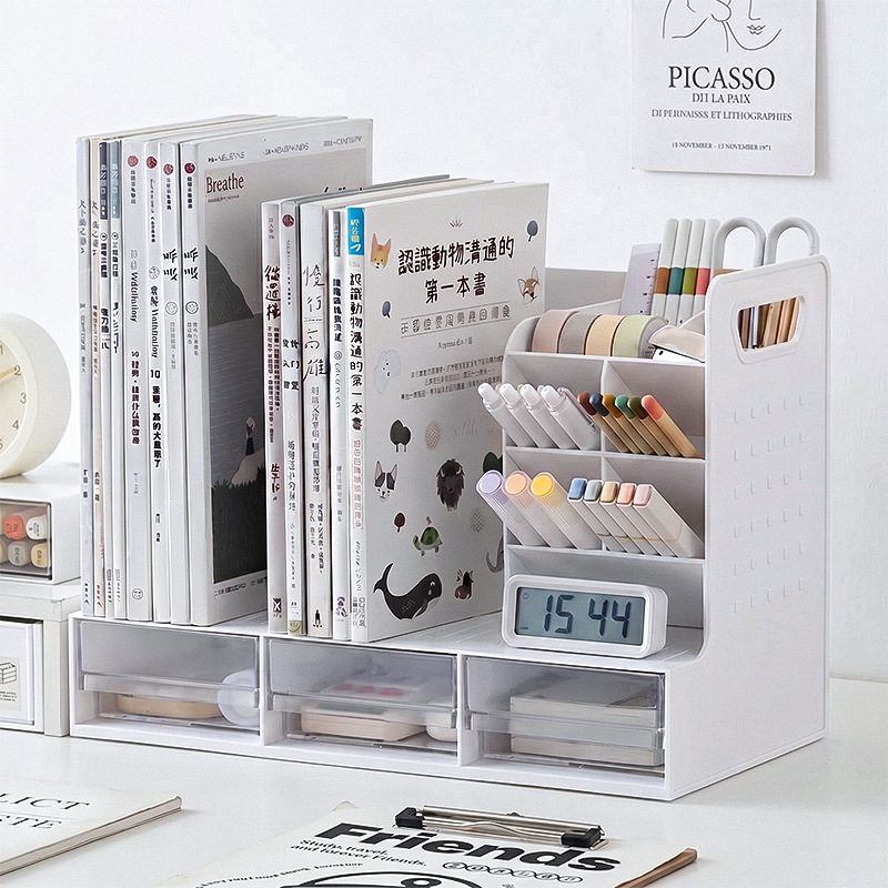 Student Bookshelf Desktop Vertical Book Stand with Drawers, Book Organizer, Book Storage and Organization Rack