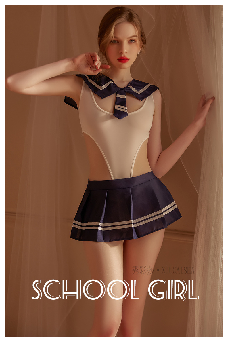 Sailor Schoolgirl Costume Set with Mini Skirt and Striped Socks — detail image 9