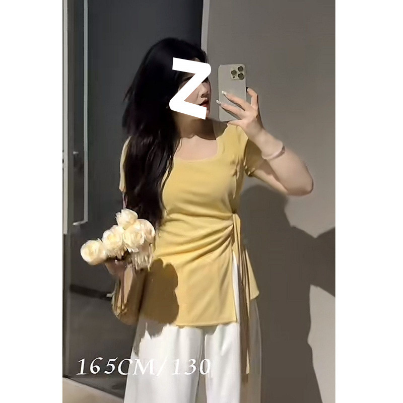 プラスサイズ夏スリムイエロースクエアカラー半袖Tシャツ2025スリムデザイン新しいウエストスリットトップファットmm|undefined