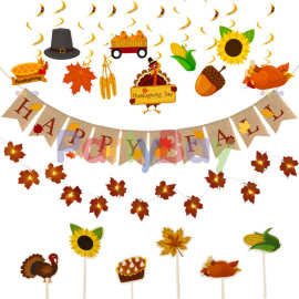 莱派 give thanks 感恩节纸质拉旗 枫叶感恩节拉花 螺旋火鸡挂饰