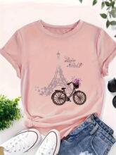 H 39021 Eiffel Tower Print T-shirt ����ӡ��T�� ŷ���羳