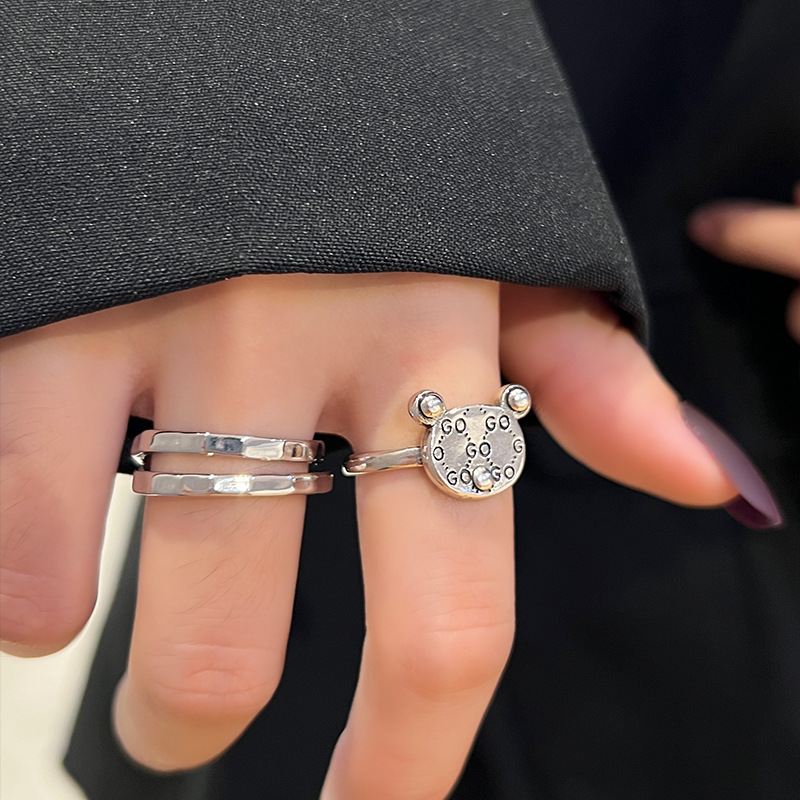 Retro Bear Silver Plated Plating Open Ring
