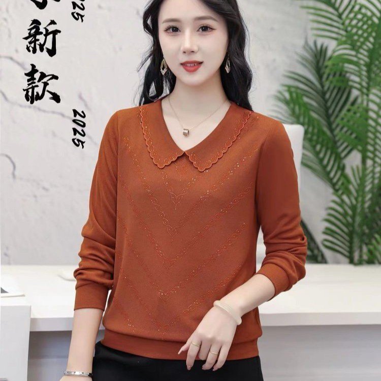 一件代发2025秋季新款时尚娃娃领宽松气质长袖烫钻减龄妈妈装上衣|undefined