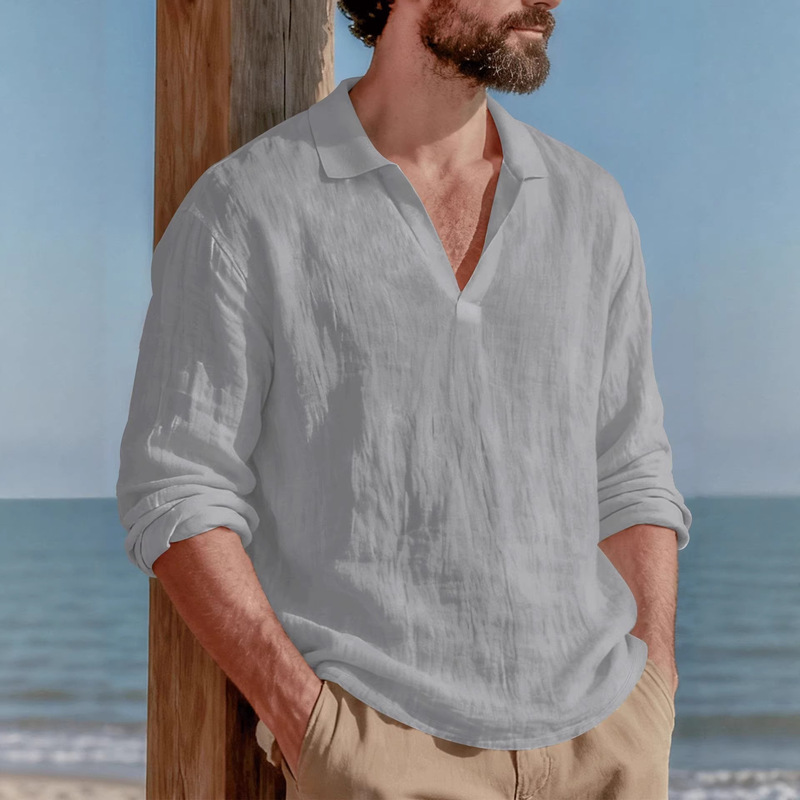 2026 Spring/Summer Cross-Border Men's Linen V-Neck Buttonless Long Sleeve Breathable Thin American Style Shirt