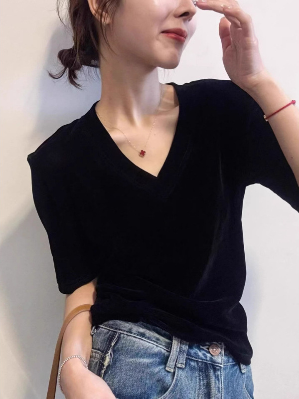金丝绒垫肩短袖T恤女欧洲站2025早秋新款欧货女装修身打底小衫潮|undefined